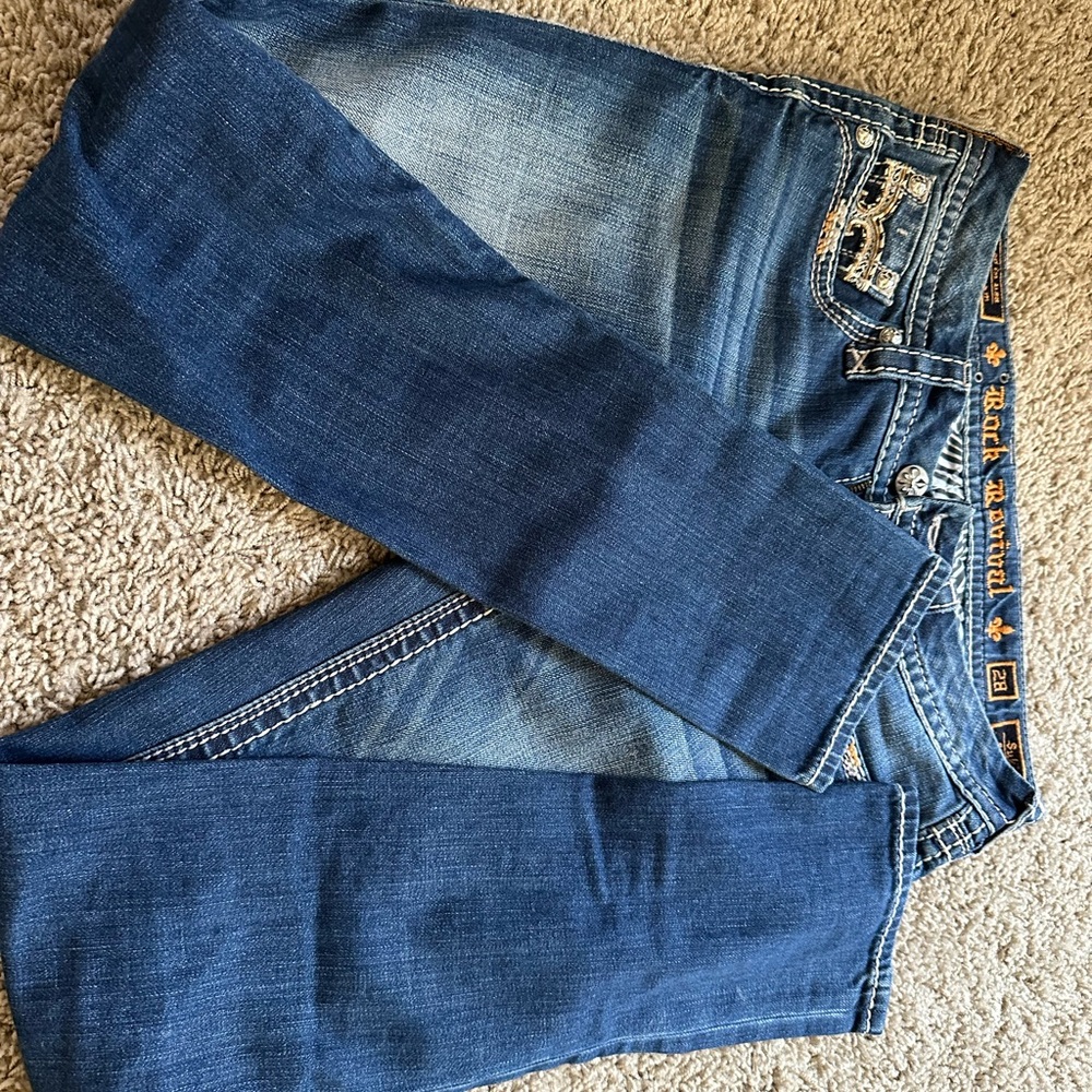 Rock Revival Blue Straight Leg Jeans with Contrast Stitching